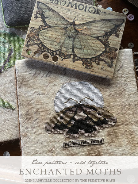 Enchanted Moths design on fabric and stamp by The Primitive Hare.