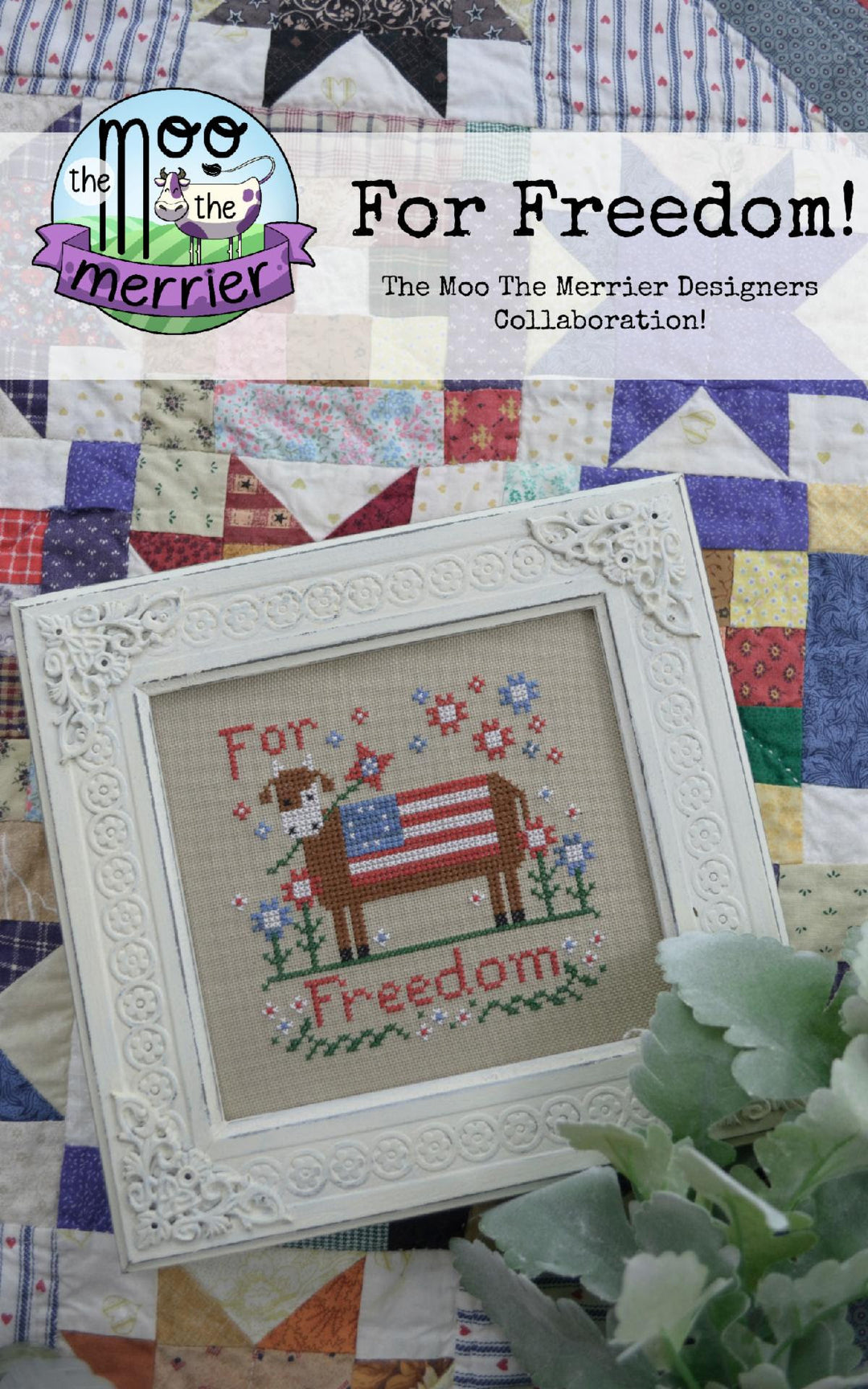 framed cross stitch of cow with american flag and text reading for freedom