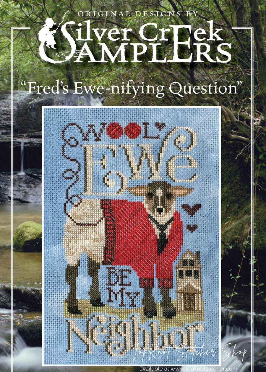 Cross-stitch pattern with a sheep character and text, branded by Silver Creek Samplers.