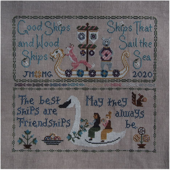 cross stitch design featuring animal shaped ships and text reading good ships and wood ships ships that sail the sea, the best ships are friendships and may they always be.