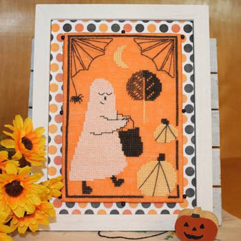 Halloween-themed cross-stitched design with a ghost, pumpkins, and decorative elements on an orange background.