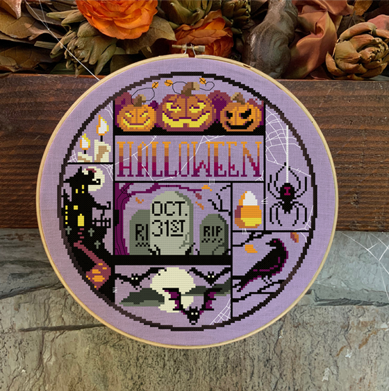 A needlecraft canvas with a Halloween theme, featuring various Halloween icons like pumpkins, ghosts, and spiders arranged in a puzzle pattern.