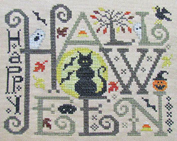 Cross-stitched pattern with Halloween-themed design featuring a cat, pumpkins, and decorative elements.