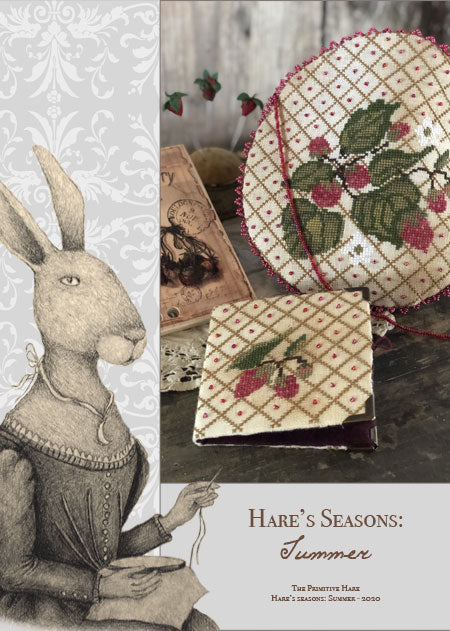 A book cover for 'Hare's Seasons: Summer' featuring an illustration of a rabbit and a floral patterned needlebook.