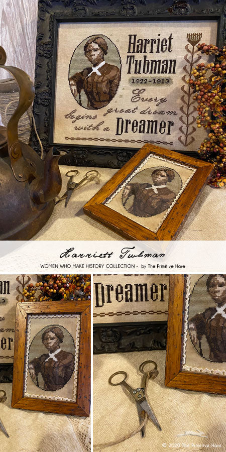 Framed portraits of Harriet Tubman with decorative elements on a textured background