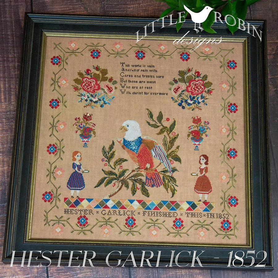 Framed cross-stitched piece with an eagle and floral designs, featuring 'Little Robin Designs' branding.
