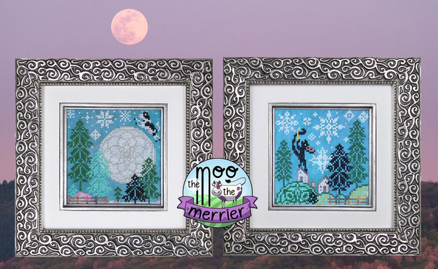 Two framed cross-stitched pieces with winter scenes and a full moon on a purple background.