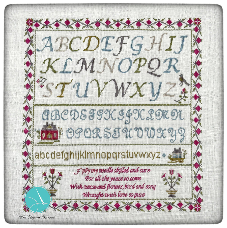 Embroidered alphabet pattern with decorative elements on a white background
