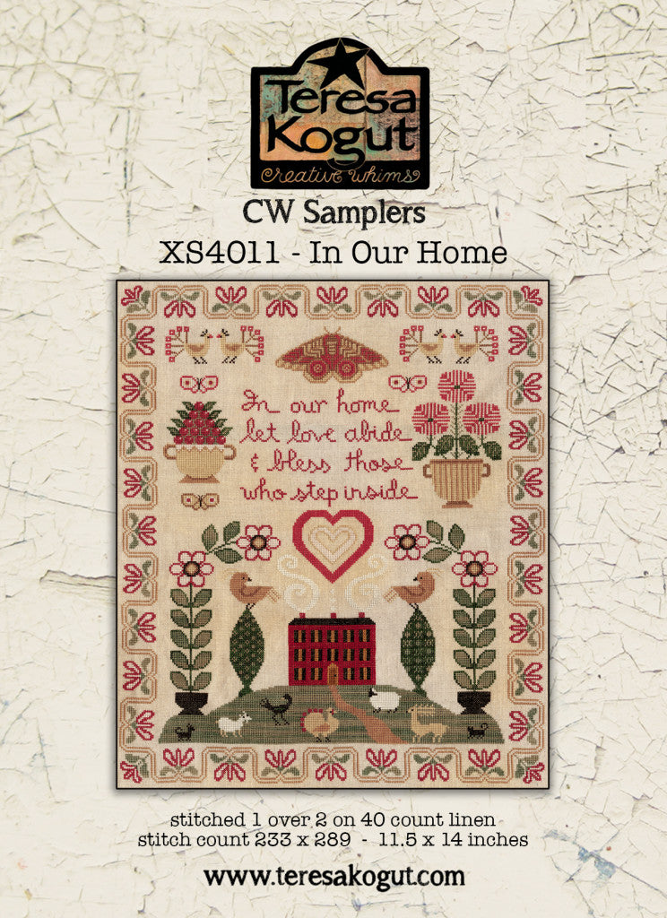 CW Samplers pattern card for 'In Our Home' by Teresa Kogut on a textured beige background.