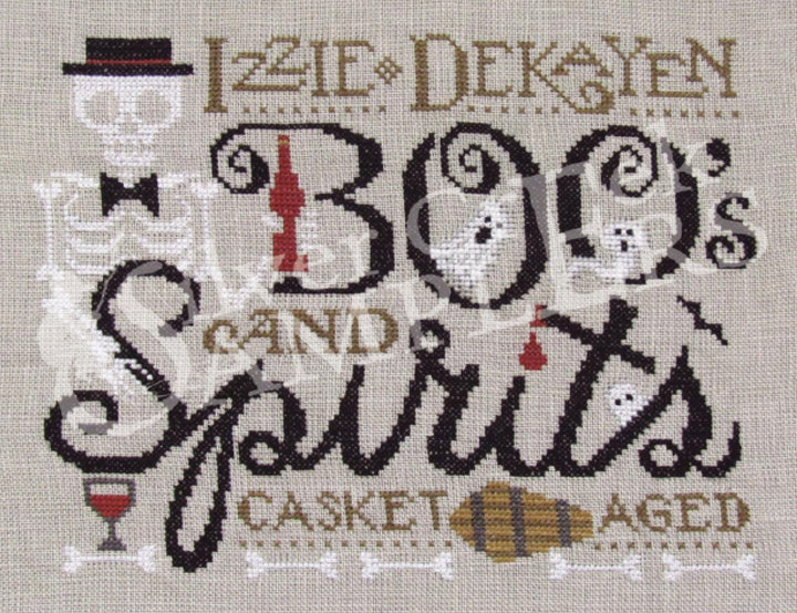 Cross-stitched design with text and skeleton-themed graphics on a textured fabric background