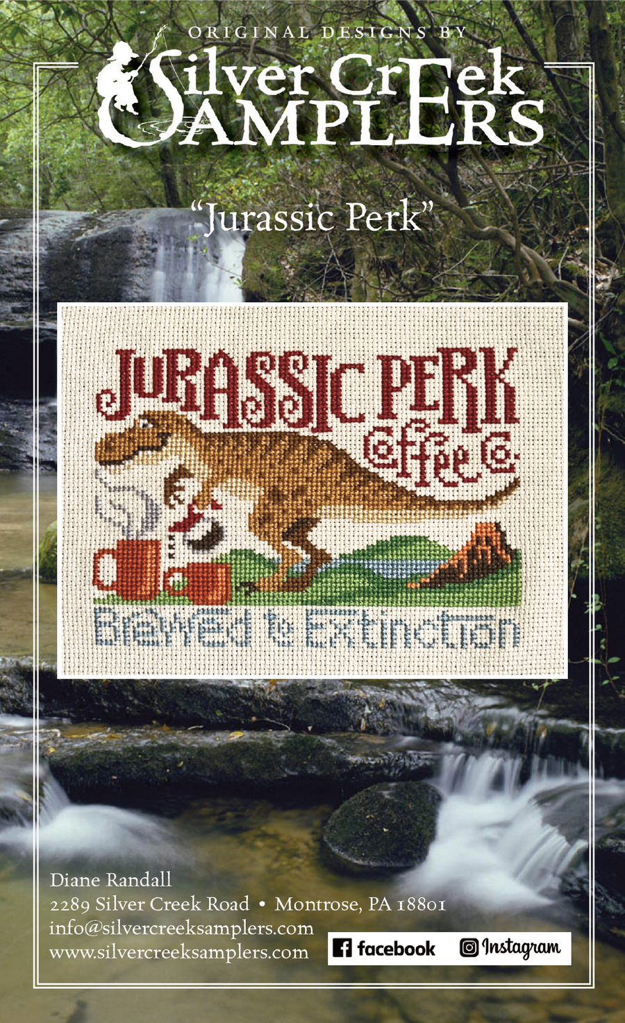 Cross-stitch pattern for 'Jurassic Perk Coffee' with a dinosaur and coffee cup design, set against a natural background.