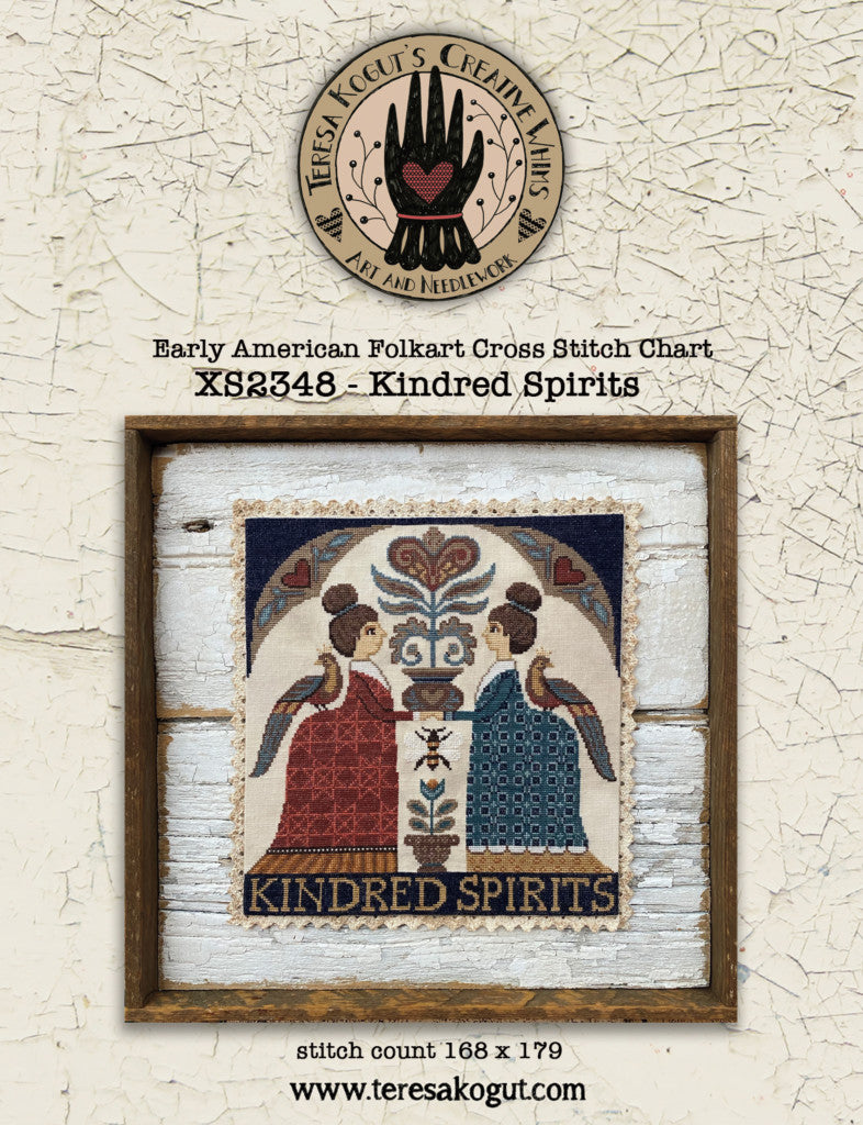 Cross stitch chart packaging with 'Kindred Spirits' design on a textured beige background