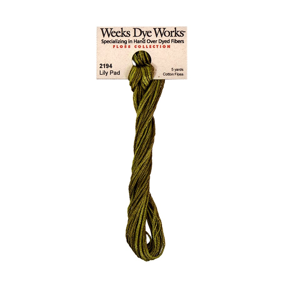 Green thread skein with Weeks Dye Works label on a white background