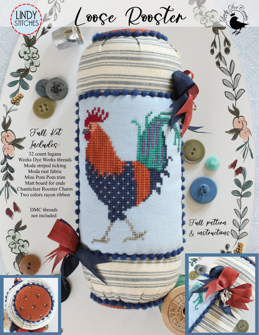 A craft kit labeled 'Loose Rooster' including materials for needlework with a focus on embroidery, featuring a rooster design.