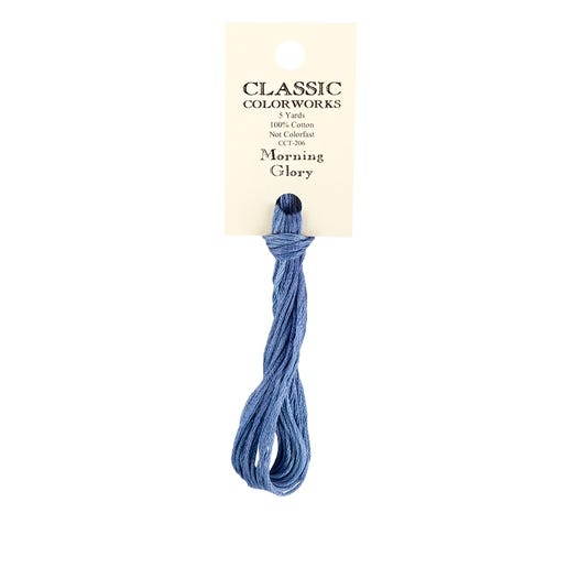 Blue embroidery floss with a 'Morning Glory' label on a white background