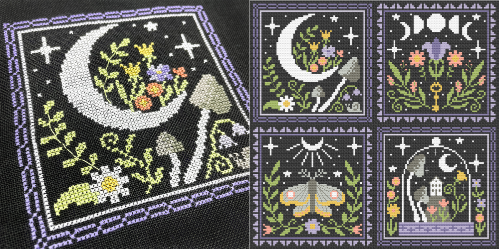 Set of four embroidered designs featuring celestial elements, flowers, and nature on a black background.