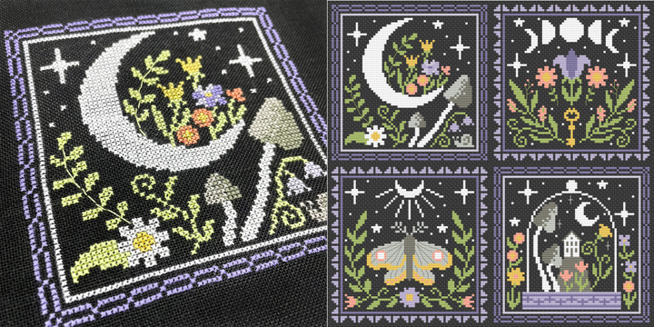 Set of four embroidered designs featuring celestial elements, flowers, and nature on a black background.