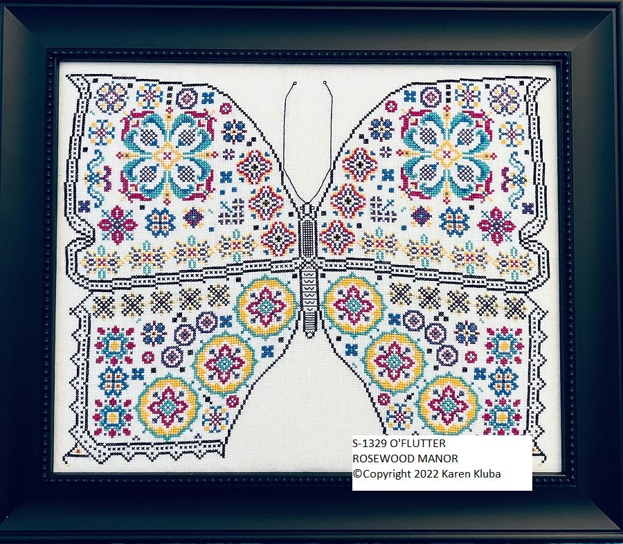Decorative butterfly design with colorful patterns on a white background, framed in dark blue.