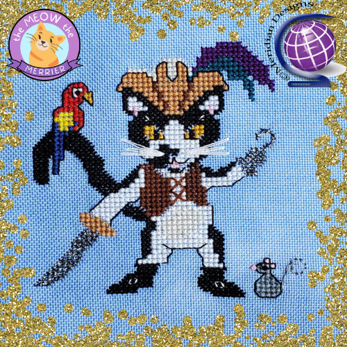 Cross-stitched design of a character with a parrot on a blue background with gold glitter.