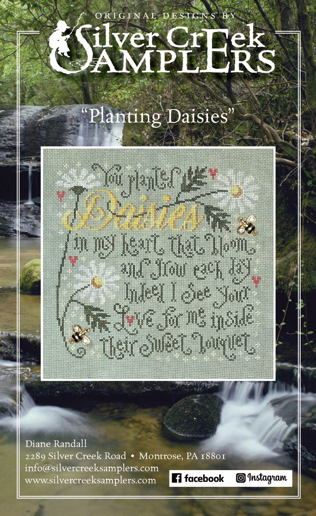 Silver Creek Samplers cross-stitch pattern 'Planting Daisies' with nature background