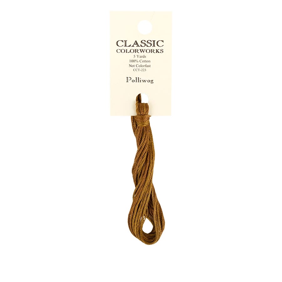 A skein of hand-dyed embroidery floss labeled 'Classic Colorworks' in a brown color, named 'Polliwog'.