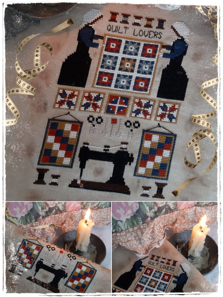 Quilt-themed cross-stitch pattern with sewing elements and text 'Quilt Lovers' on a textured background.