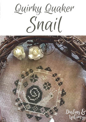 A needlepoint canvas with a floral and spiral design depicting a snail, labeled 'Quirky Quaker Snail' by Darling & Whimsy Designs.