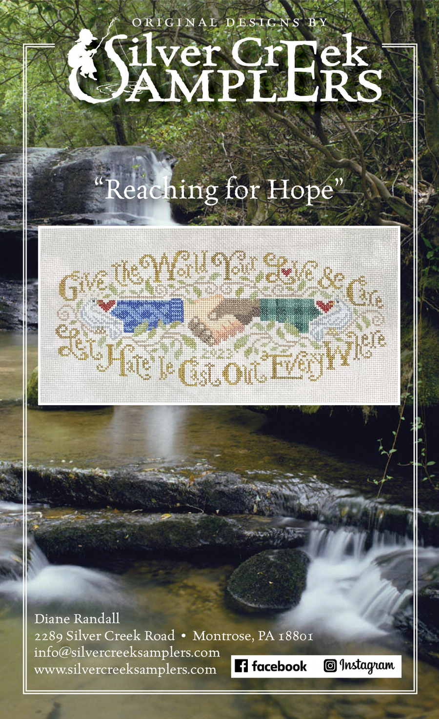 Advertisement for Silver Creek Samplers with a cross-stitch design and scenic background