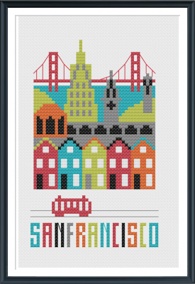 A fabric craft kit depicting a colorful stitched image of the San Francisco skyline, with a background of buildings and the Golden Gate Bridge.
