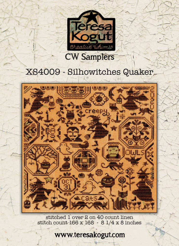 CW Samplers Teresa Kogut Silhowitches Quaker cross stitch pattern on a textured beige background