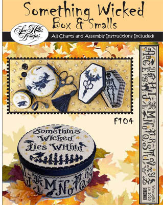 Packaging for 'Something Wicked' box and smalls by Sue Hillis Designs, featuring a box with a witch design, assorted crafting materials, and instructions.