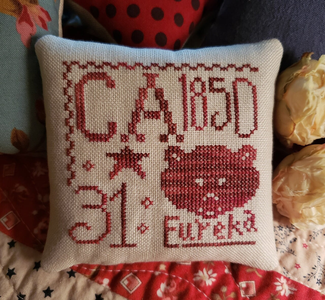 Cross-stitched pillow with decorative text and symbols on a fabric background