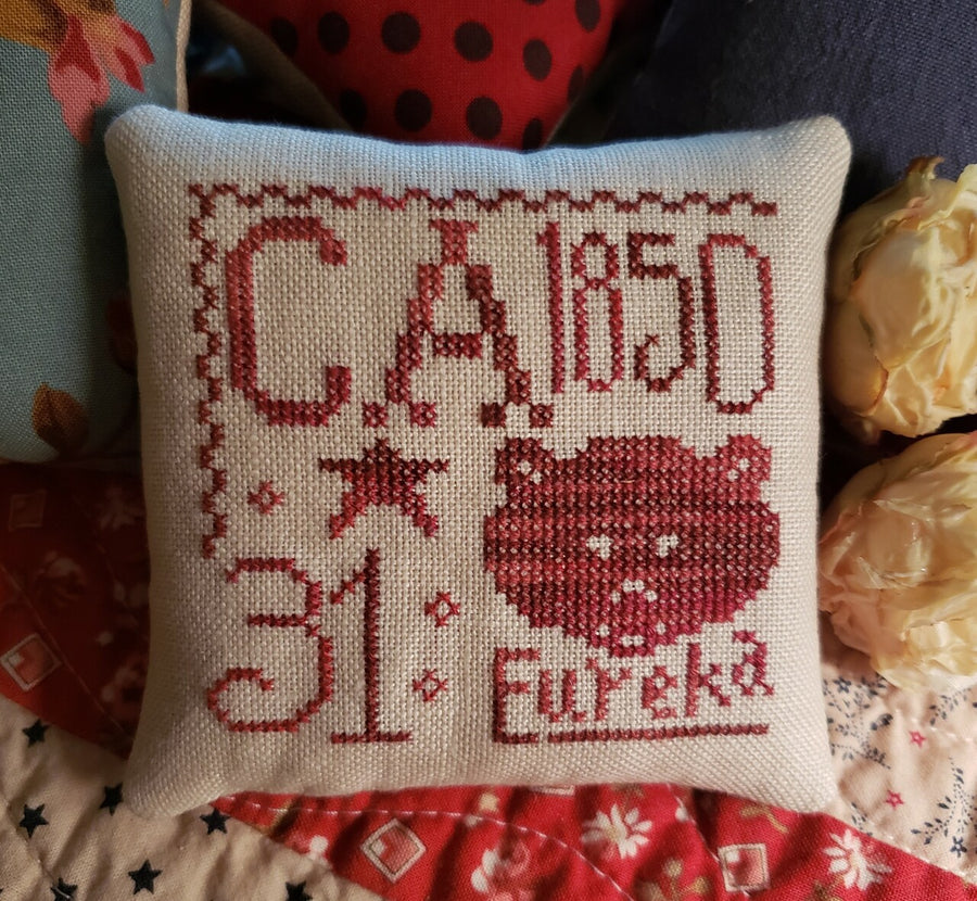 Cross-stitched pillow with decorative text and symbols on a fabric background
