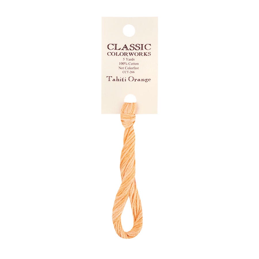 A skein of hand-dyed embroidery floss labeled 'Tahiti Orange' from Classic Colorworks, displayed on a card.