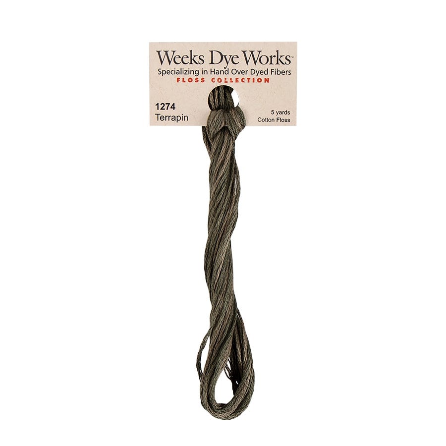 A skein of Weeks Dye Works hand-dyed embroidery floss in a brown color, labeled 'Terrapin' and numbered 1274.