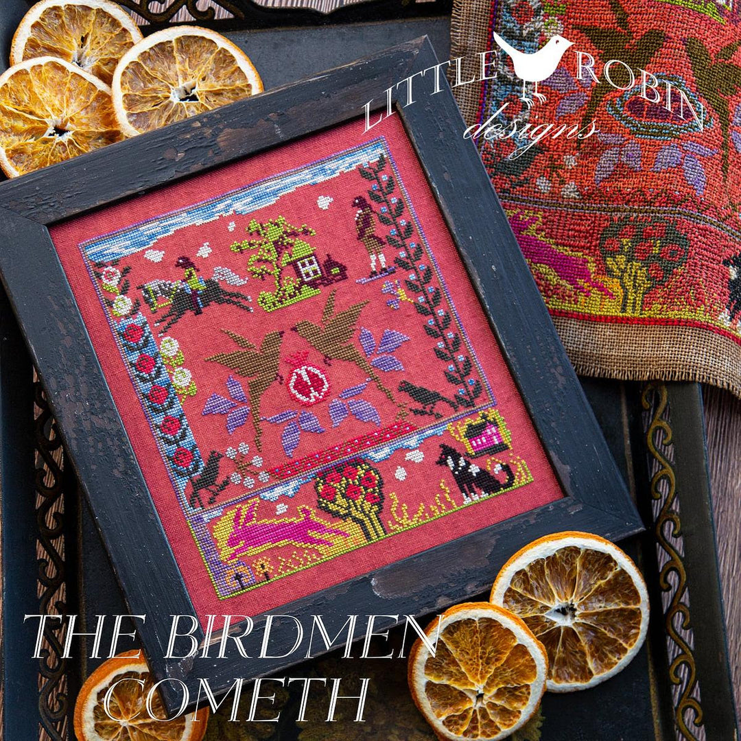 Cross stitch pattern 'The Birdmen Cometh' by Little Robin Designs, featuring a vibrant red background with a detailed depiction of birds and plants, presented on a frame and accompanied by a pattern text.