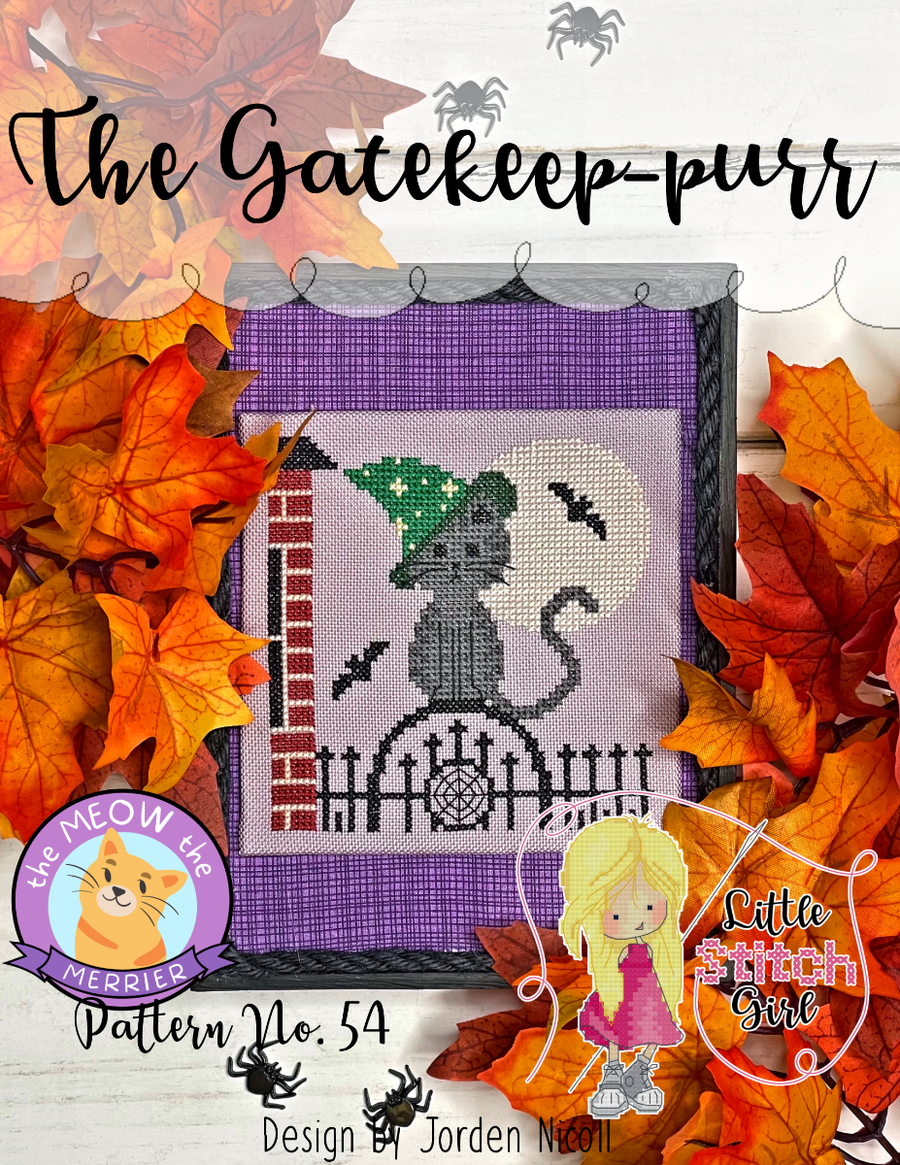 Cross-stitch pattern with a cat design surrounded by autumn leaves and branding elements.