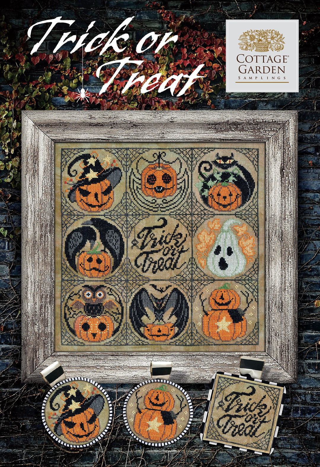Framed cross-stitch pattern with Halloween-themed designs and 'Cottage Garden' branding.