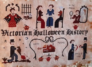 A wool fabric with a historical Halloween theme, featuring various embroidered figures and text related to the Victorian era.