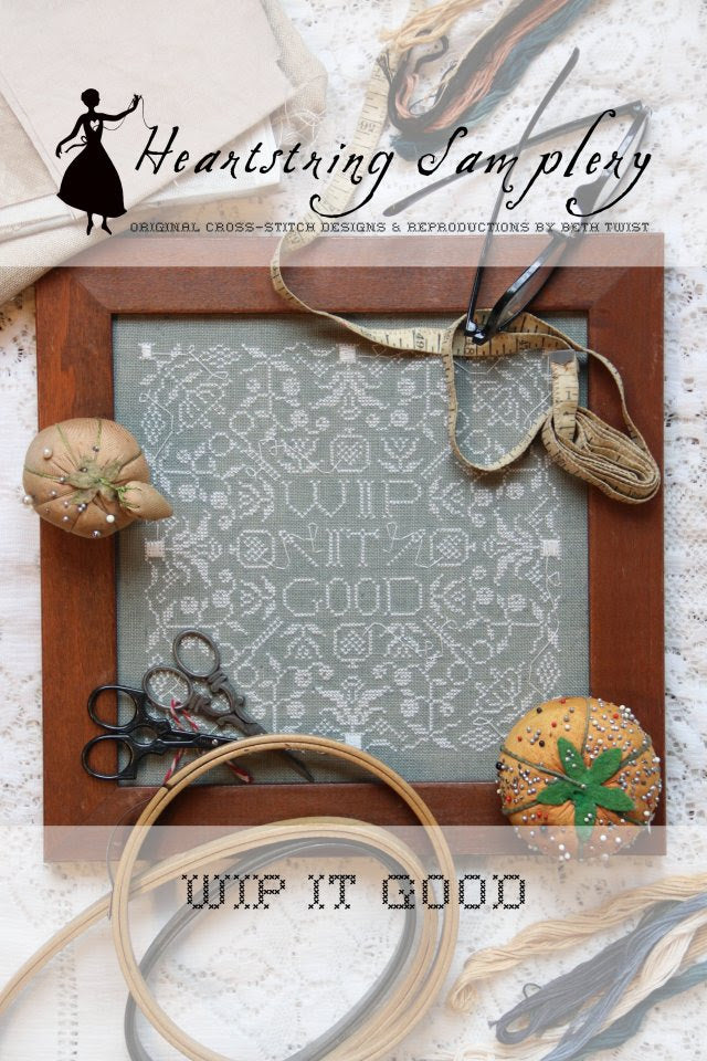 chart cover for 'WIP-it-Good' by Heartstring Samplery, featuring a needlework pattern, embroidery hoop, scissors, and floss.