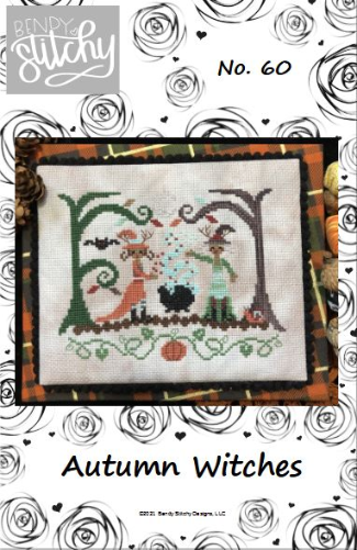 Cross-stitch pattern for 'Autumn Witches' with decorative border and 'Bendy Stitchy' branding.