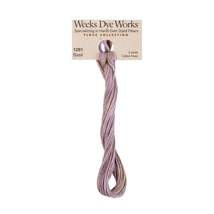 skein of Weeks Dye Works floss labeled 'Basil' on a white background