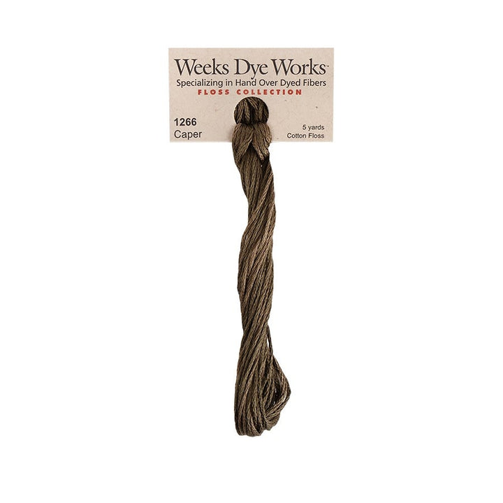 Weeks Dye Works hand-dyed cotton embroidery floss skein in caper 1266, a dark brown with green undertones
