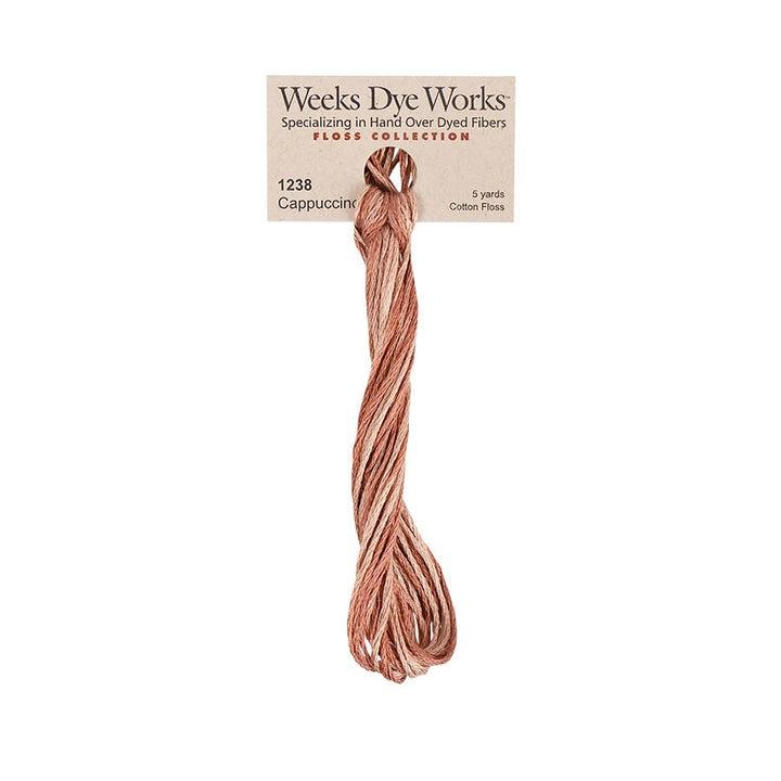 Weeks Dye Works hand-dyed cotton embroidery floss skein in cappuccino 1238, a medium light brown thread