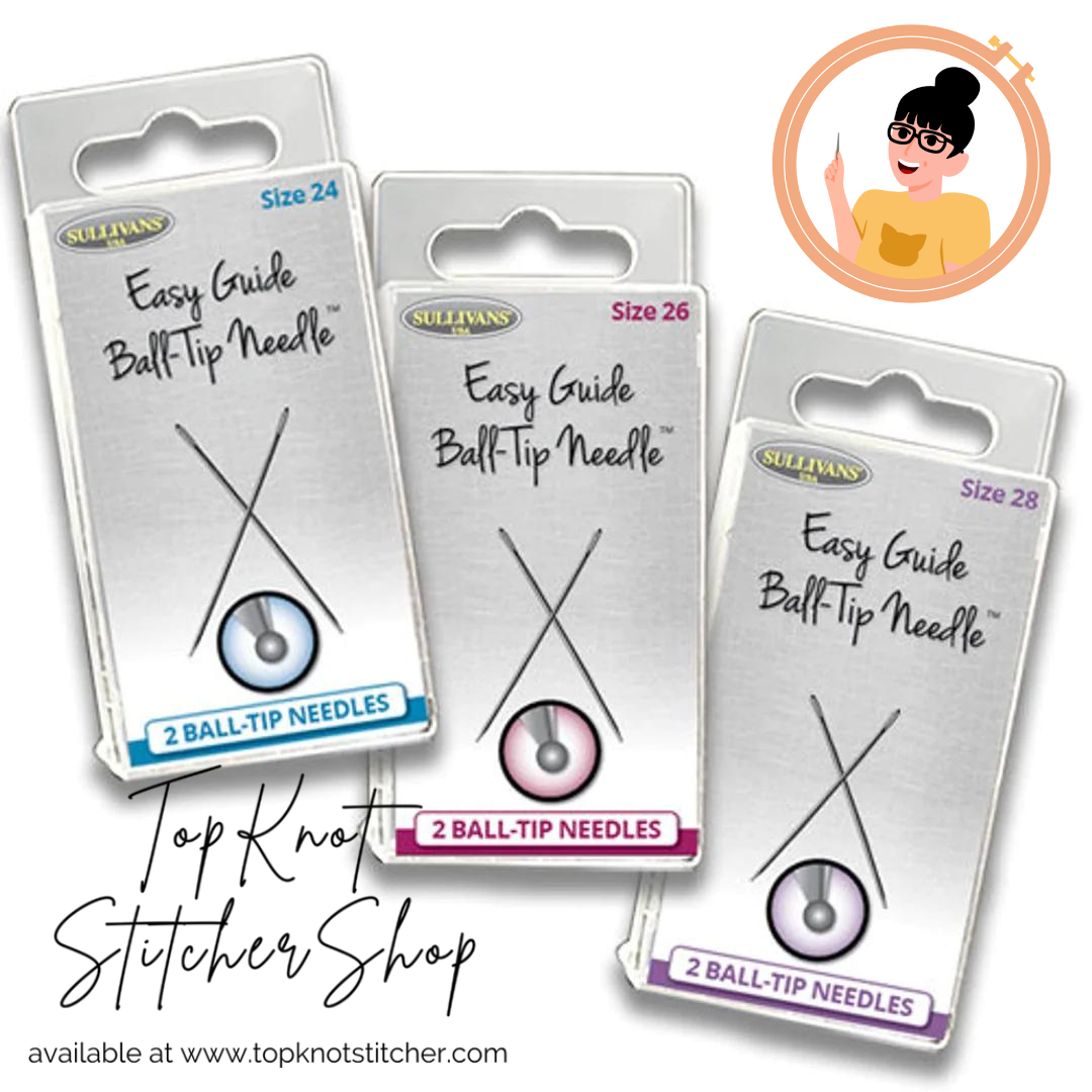 Three packages of Sullivans Easy Guide Ball Tip Needles with a Top Knot Stitcher Shop logo.