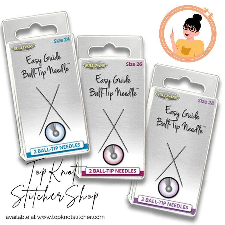 Three packages of Sullivans Easy Guide Ball Tip Needles with a Top Knot Stitcher Shop logo.