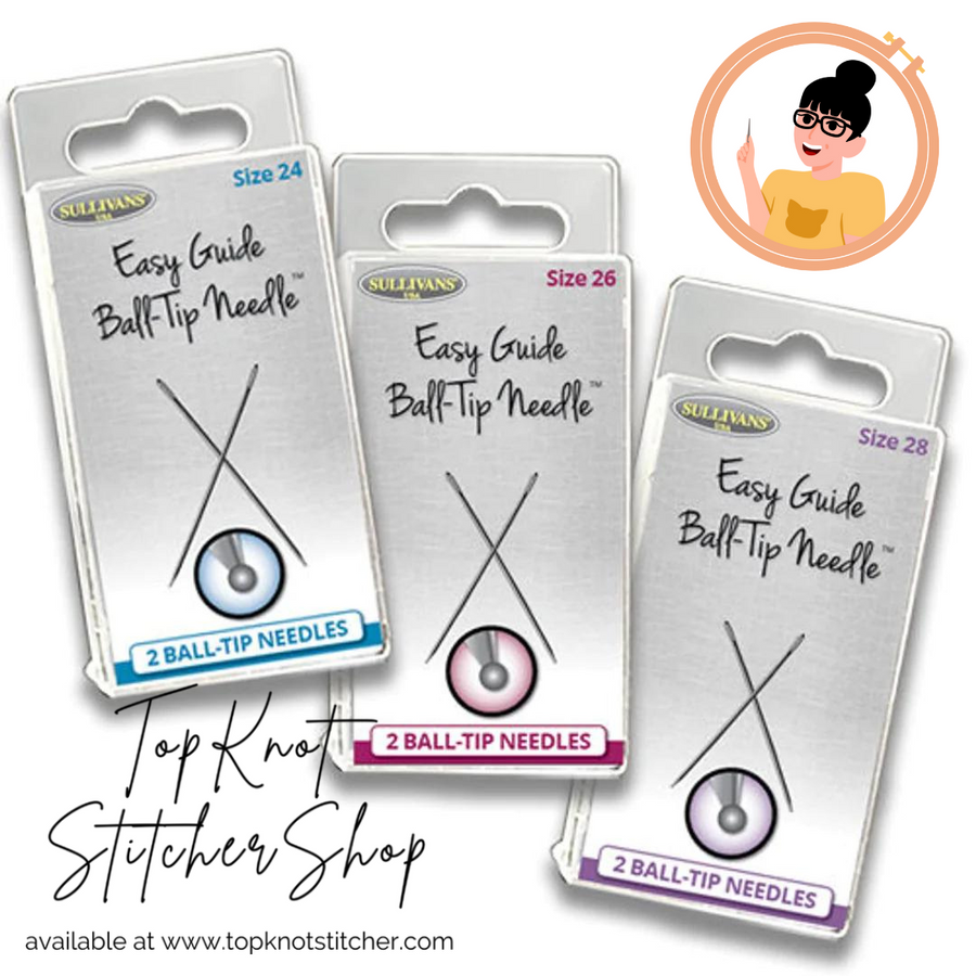 Three packages of Sullivans Easy Guide Ball Tip Needles with a Top Knot Stitcher Shop logo.