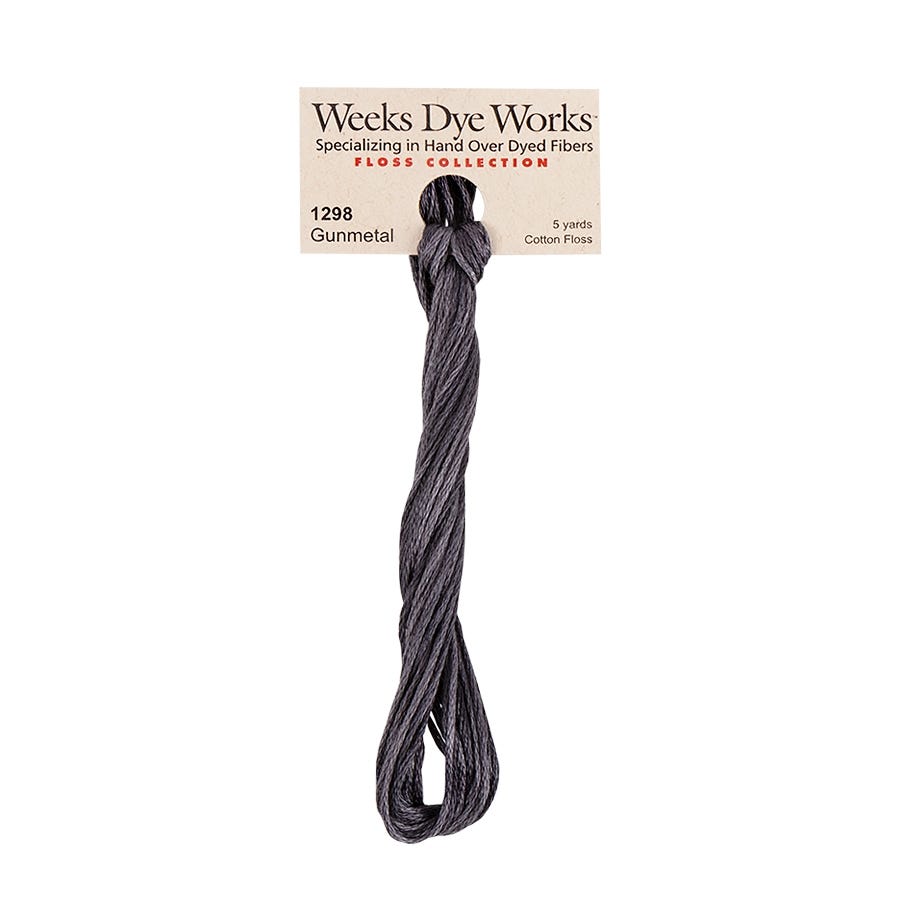 Weeks Dye Works hand-dyed cotton embroidery floss skein in gunmeatal 1298 , a charcoal gray