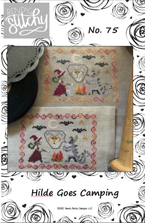 Cross-stitched design of a woman and dog going camping, with 'Bendy & Stitchy' branding.