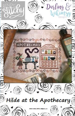 Cross-stitched design of an apothecary scene with 'Bendy Stitchy' and 'Darling & Whimsy Designs' branding.
